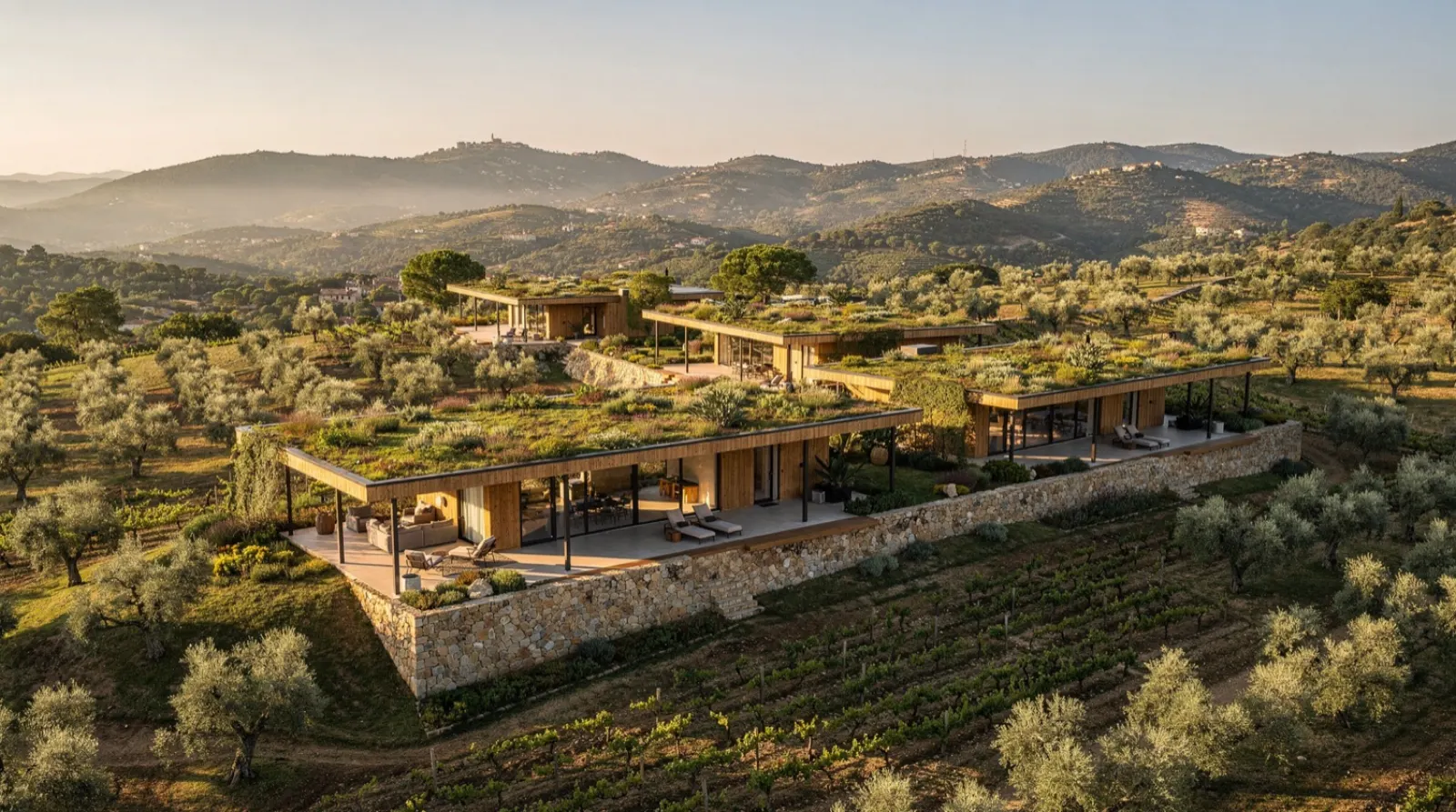 Cabañas con cubierta vegetal al atardecer