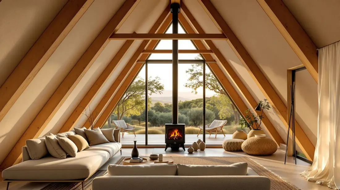 Salón A-frame con chimenea