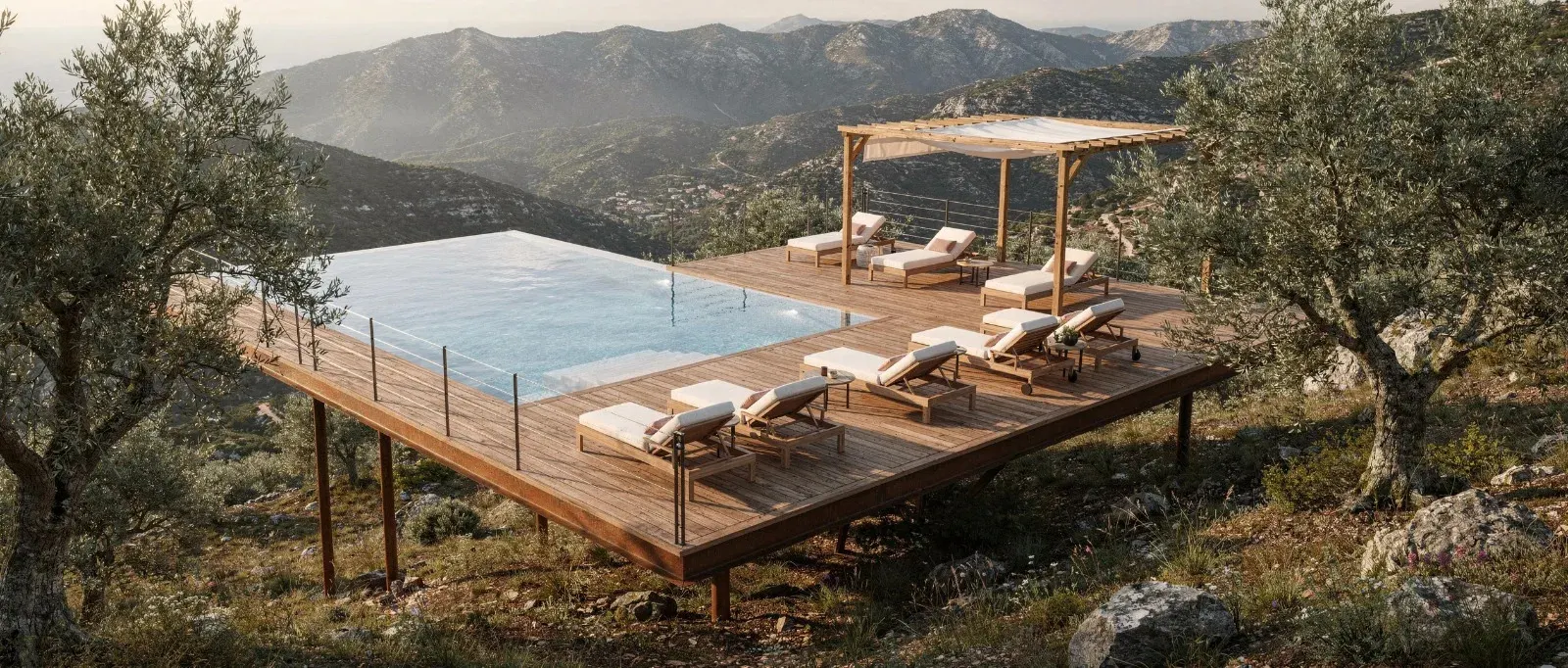 Piscina infinity con deck panorámica