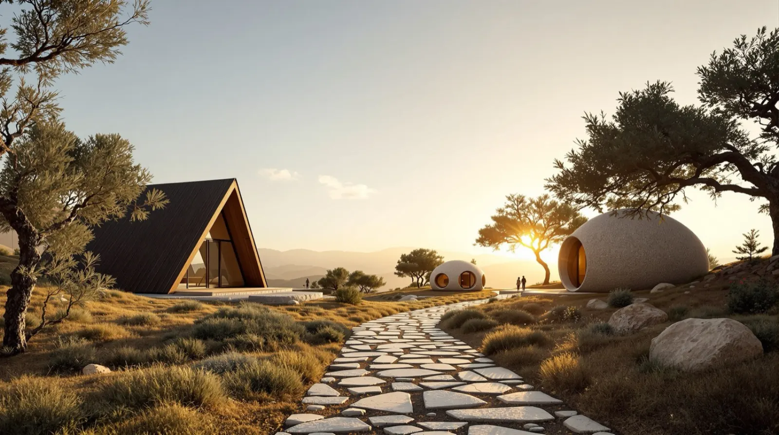 A-frame y domos al atardecer