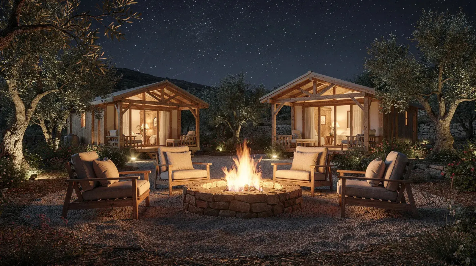 Cabañas de noche con hoguera