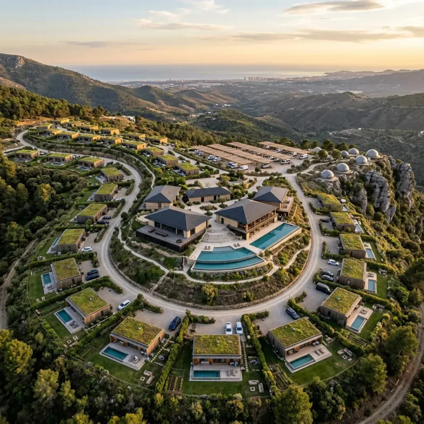 Vista aérea del resort con piscinas